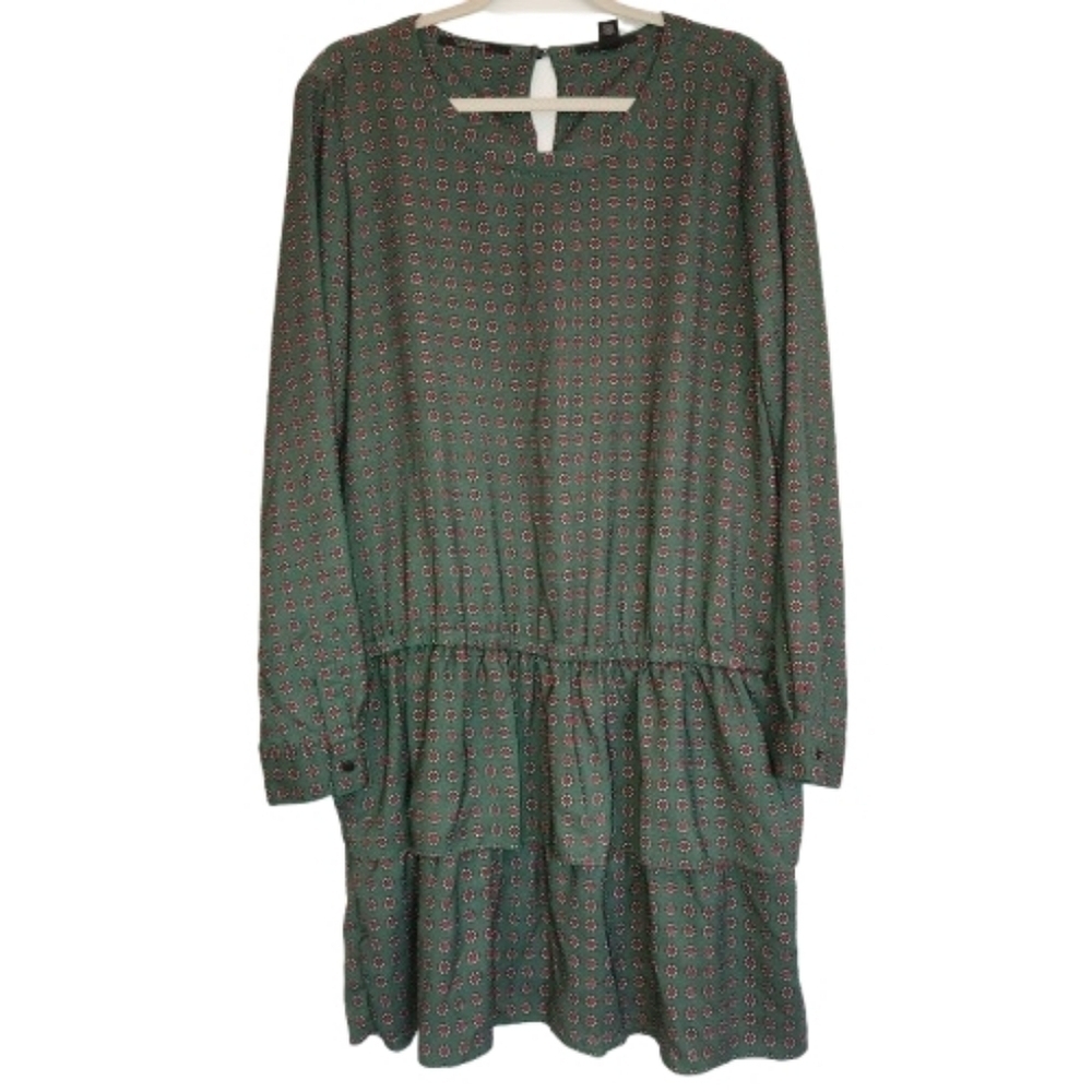 Scotch & Soda Green Dress Red Floral Print Size XL Double Ruffle Long Sleeves